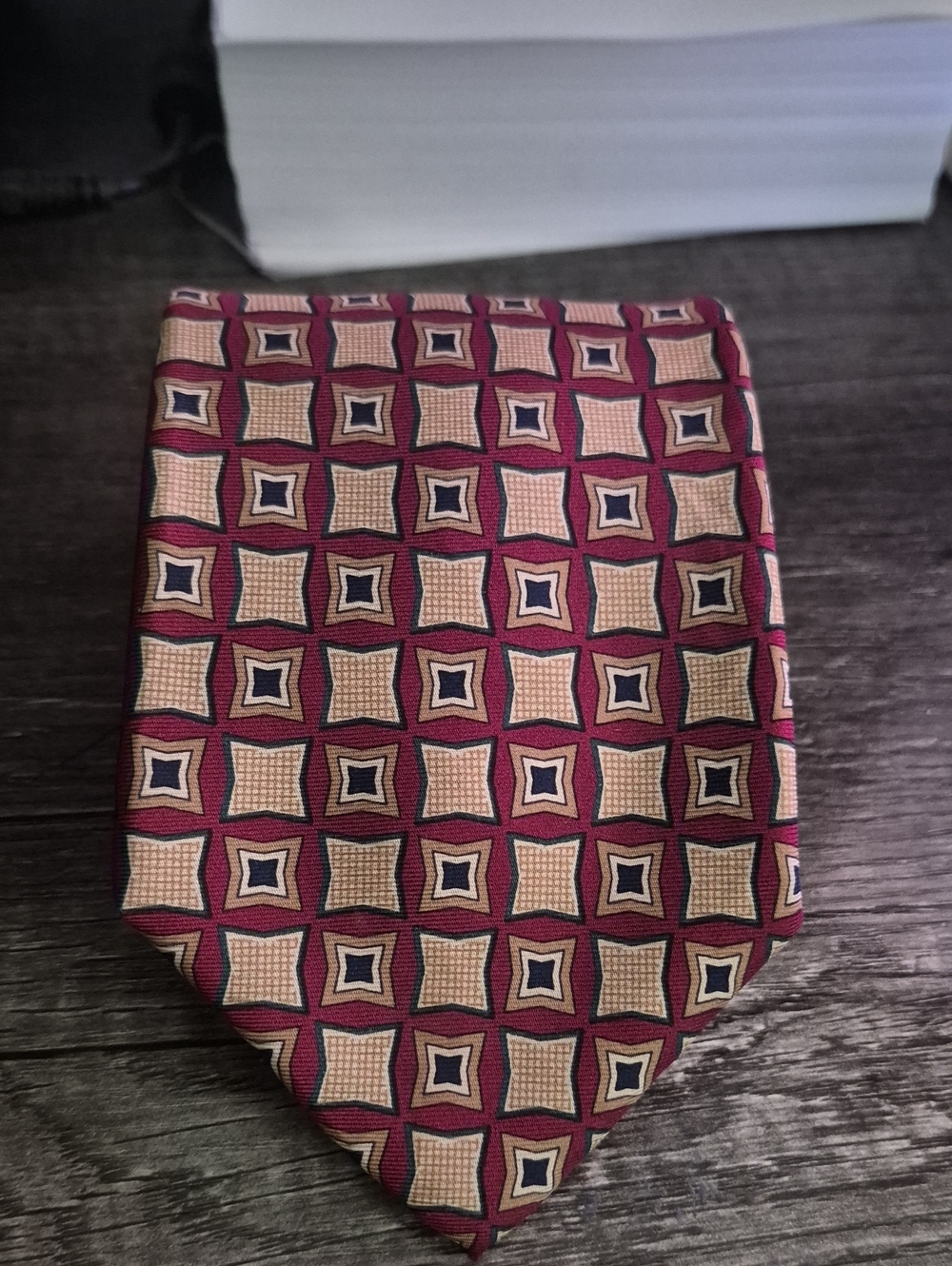 Brooks Brothers Burgundy and Tan Geometric Silk Tie